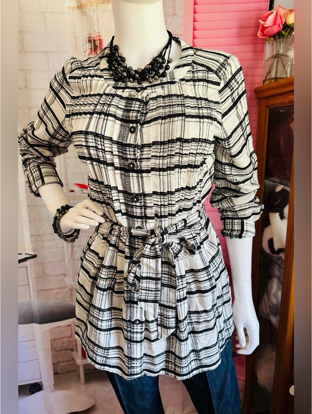 Anthropologie Black & White Plaid Belted Tunic